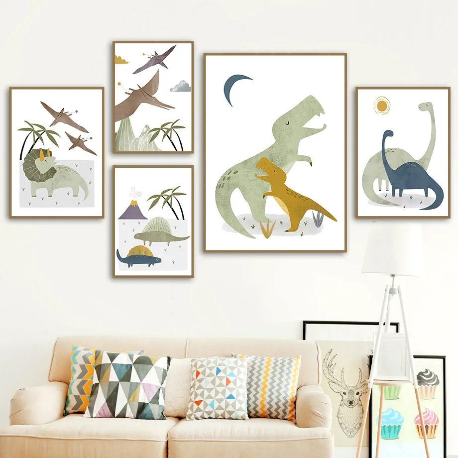 Cute Cartoon Dinosaur Palm Tree Mountain Sun