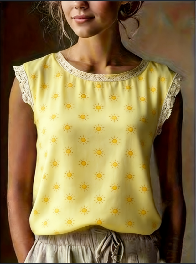 French Ditsy Floral Lace Flutter Sleeveless Blouse