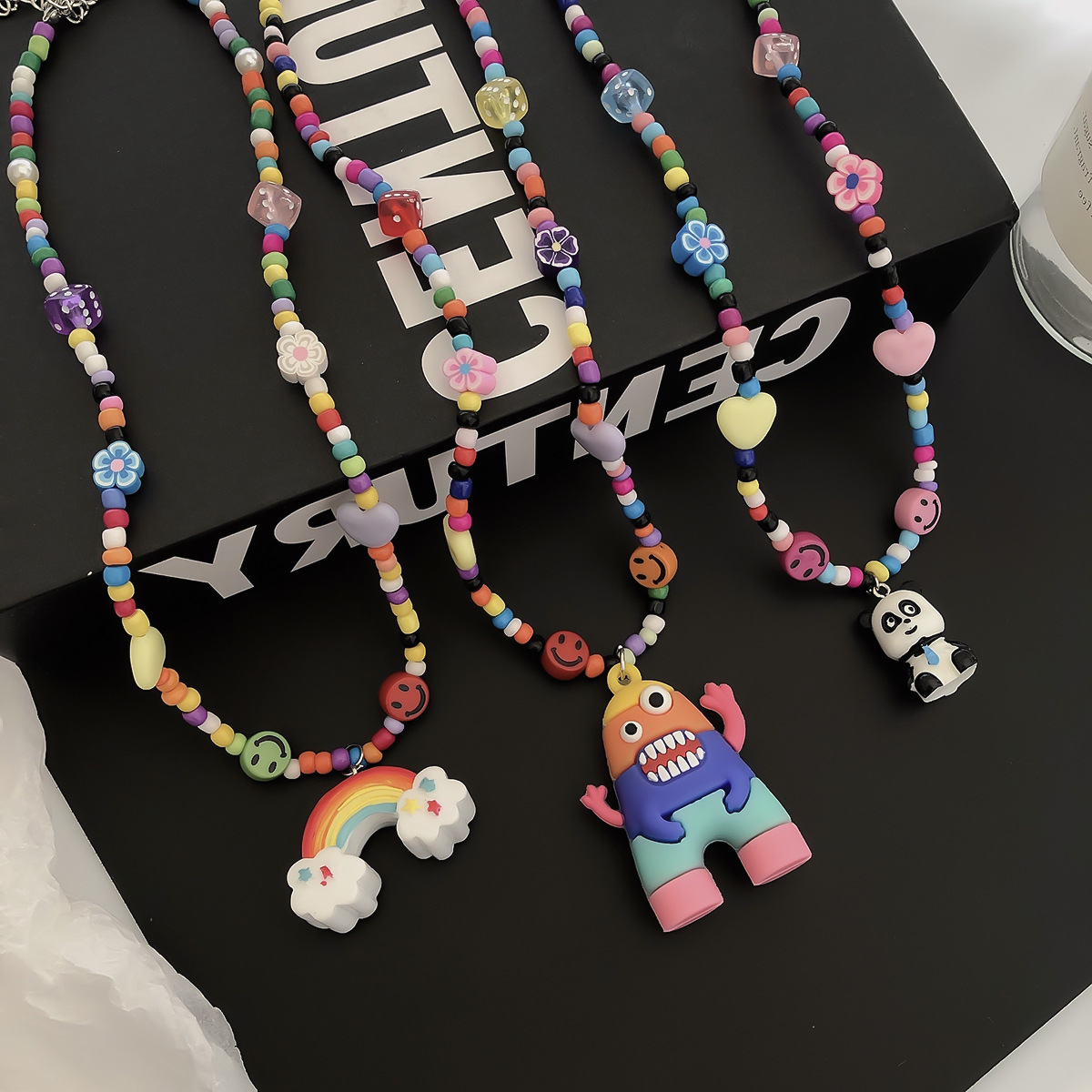 Cute Cartoon Rainbow  Panda Necklace Female Niche