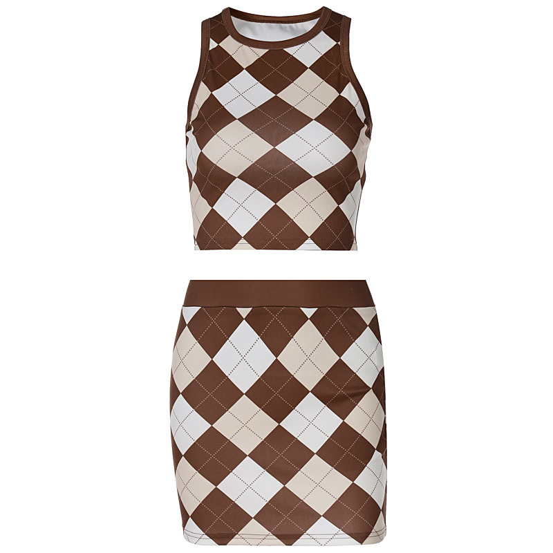 Women's New Fashion Printing Sleeveless Navel Vest Shorts Skirt Suit - 5