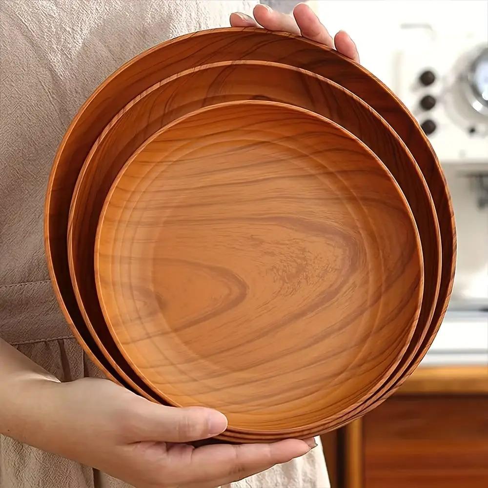 10 Creative Wood Grain Plastic Plates - Round Striped Design, High-Quality Lightweight, Suitable For Home, Dessert Shops 7