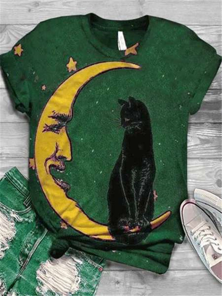 Title 4, Moon Cat Print Comfortable Round Neck Short Sle...