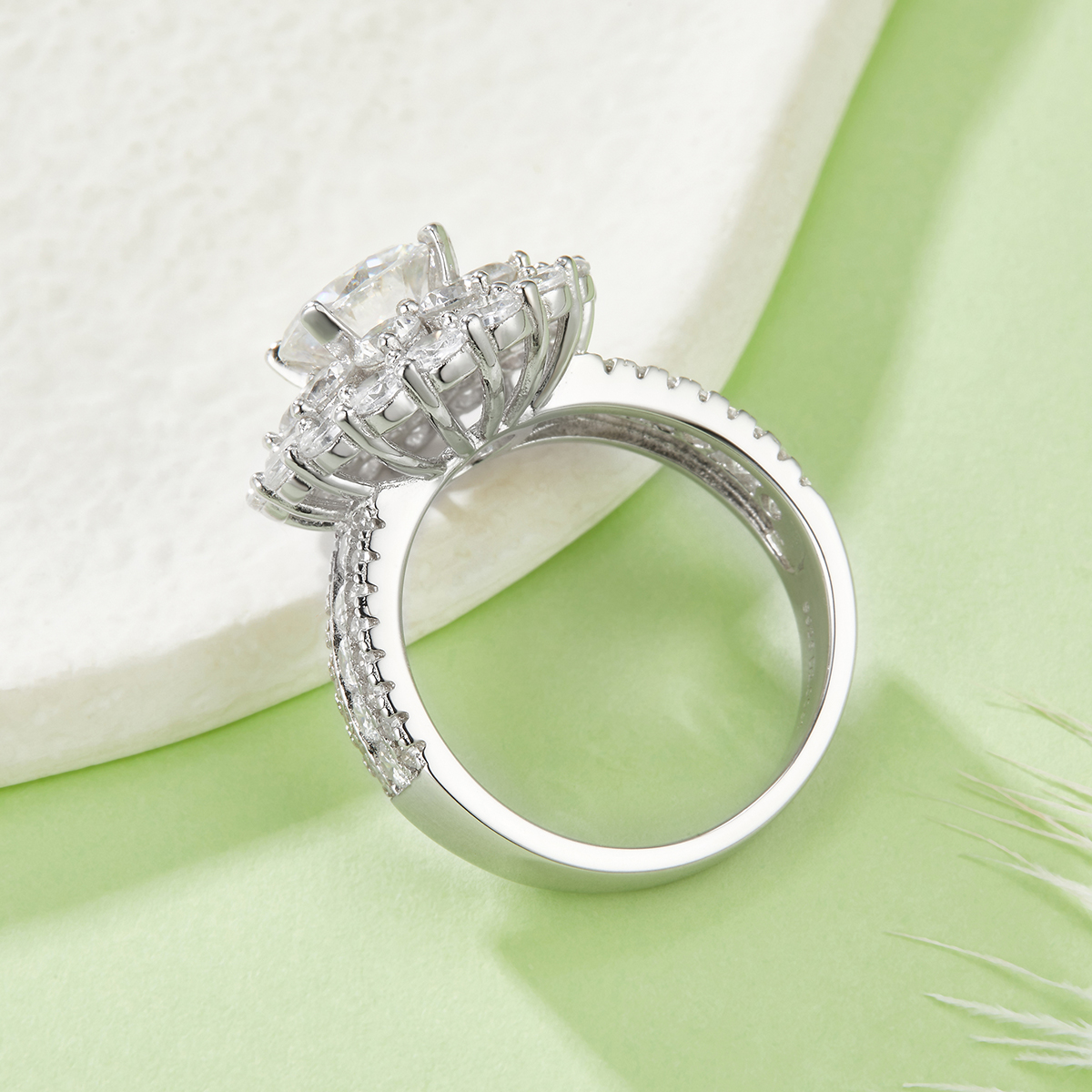 S925 Sterling Silver 2ct Moissanite Ring, 8mm D-VVS1 Double Halo Pave Band, Platinum Plated US Sizes 5-9 GRA Certified Gift Box 2