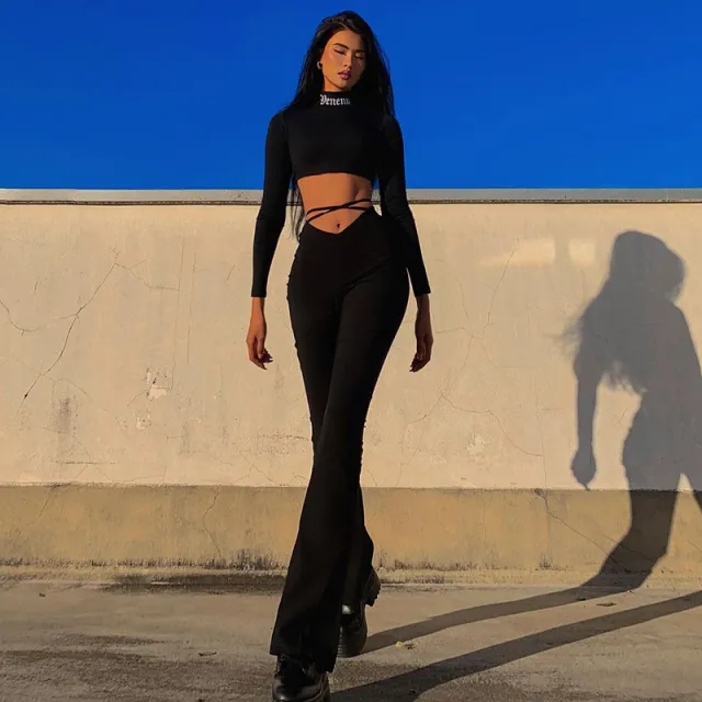 V waist Cropped Crisscross Strap Flared Track Pants Black - Shop at LoveMi