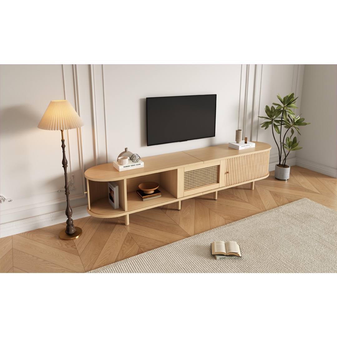 TV Stand With 1 Rattan Drawer And 2 Sliding Doors,Oval TV Cabinet Storage — image 5