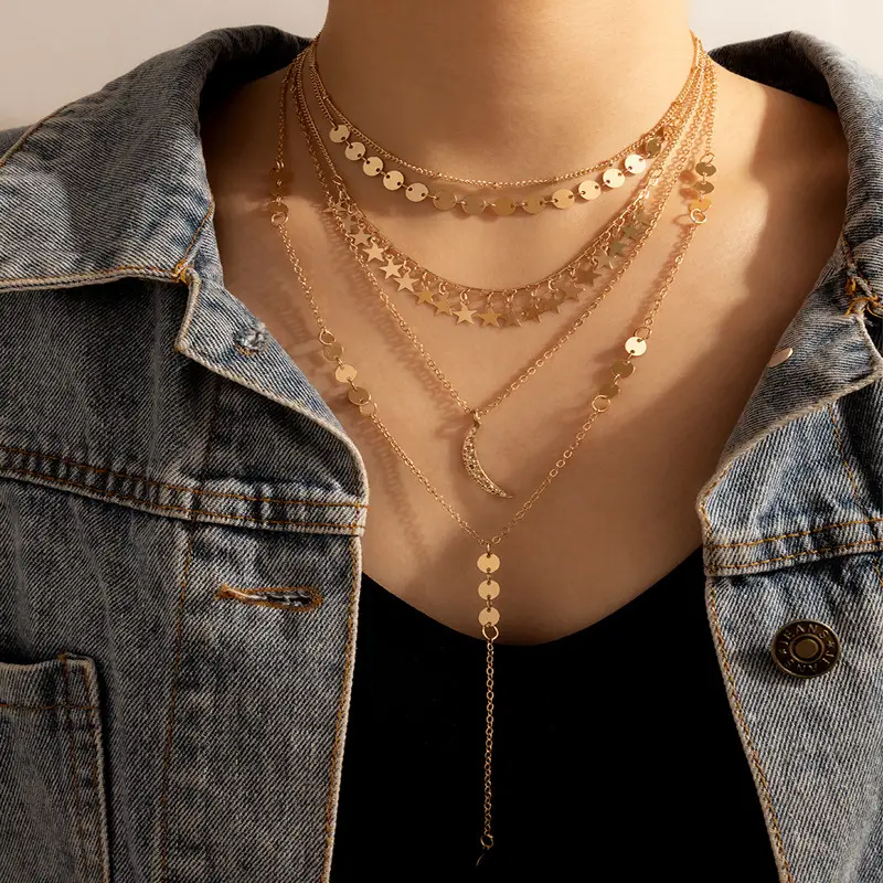 Multilayer Long Sweater Chain With Tassels Stars Moon And Discs