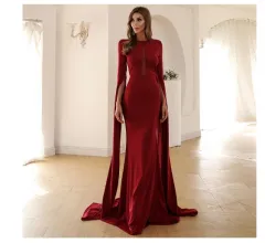 Missord Split Sleeve Mesh Insert Maxi Prom Dress - Wine Red - View 1