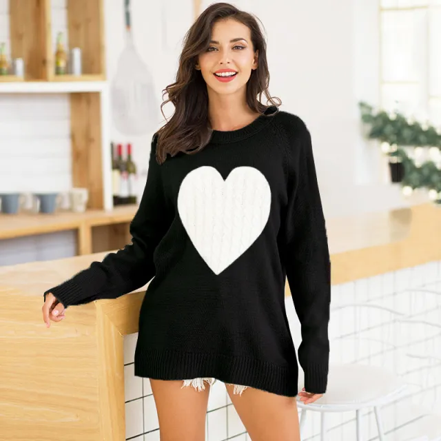 Women Knit New Round Neck Pullover Peach Heart Sweater Black - Shop at LoveMi