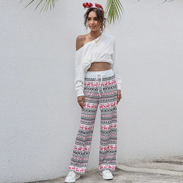Fashion Lace up Casual Loose Lace up Christmas Printed Pants White Deer - Shop at LoveMi