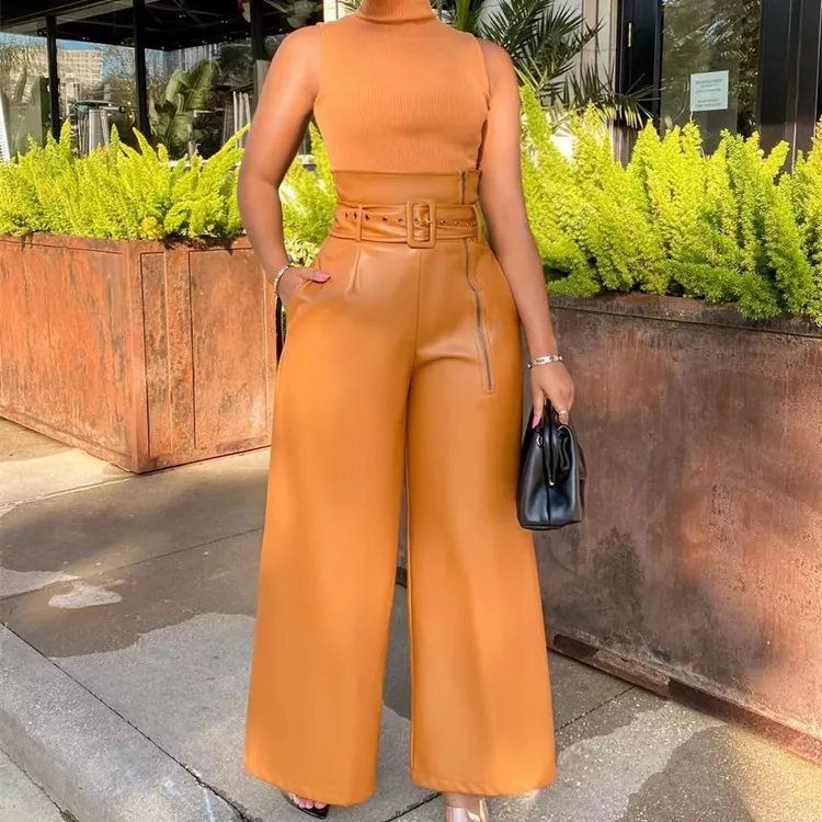 Women's Fashion High-waist Trousers INS Style PU Leather Pants - Yellow