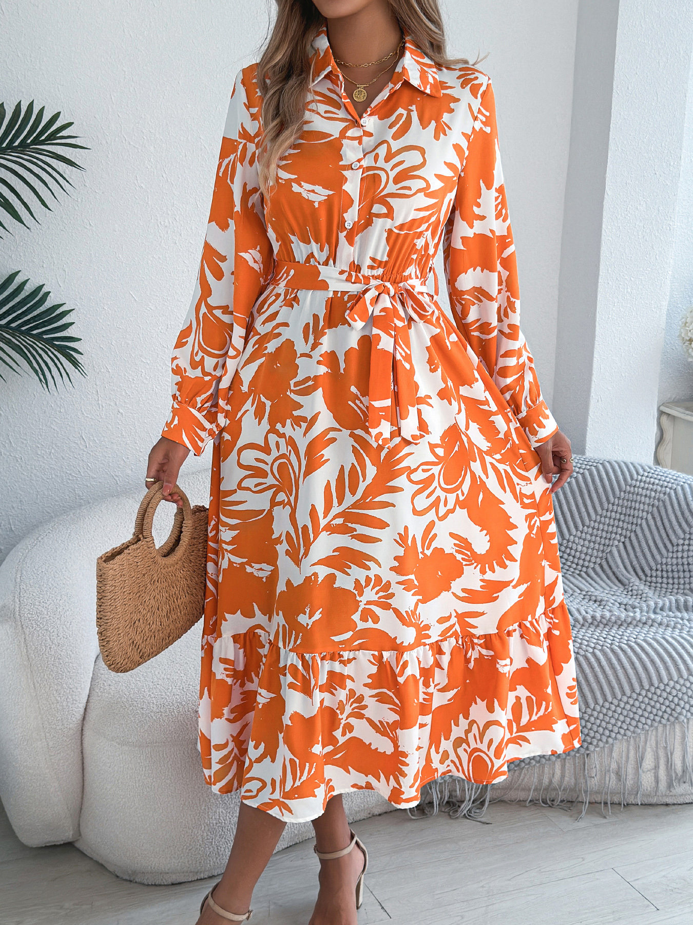 Women's Casual Floral Print Long Sleeve Ruffle Hem Shirt Maxi Dress
