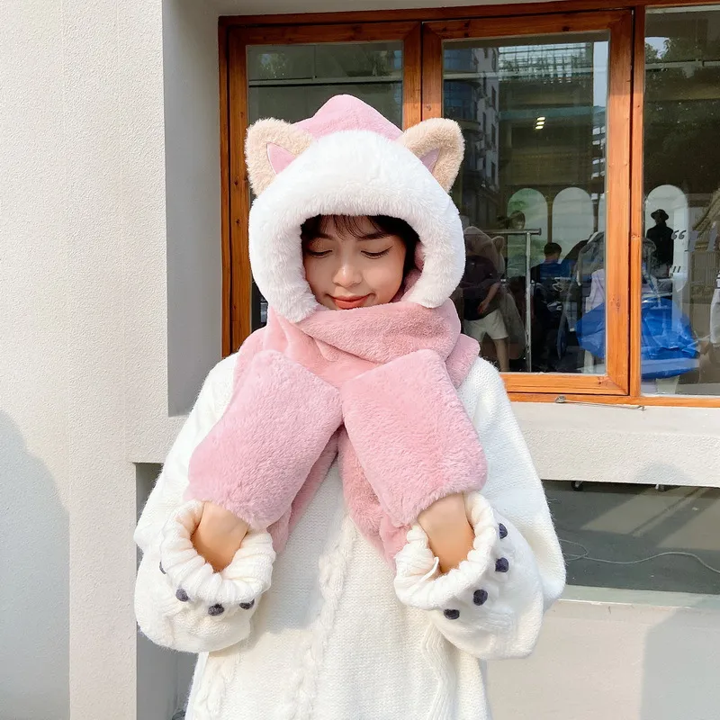 Cat Scarf Hat Gloves One Faux Rabbit Fur Cute Ear Protection - Pink