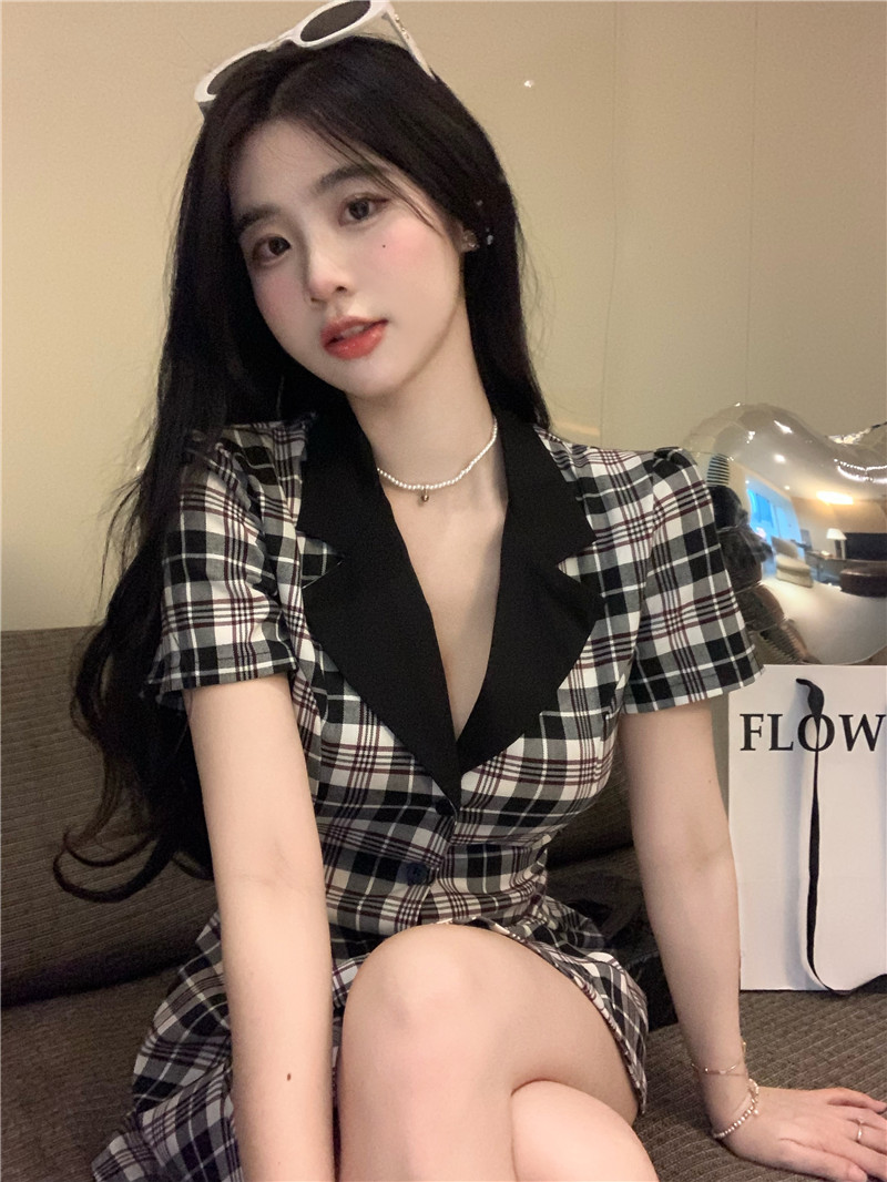 Temperament Lapel High Waist Dress Pure Button Girl