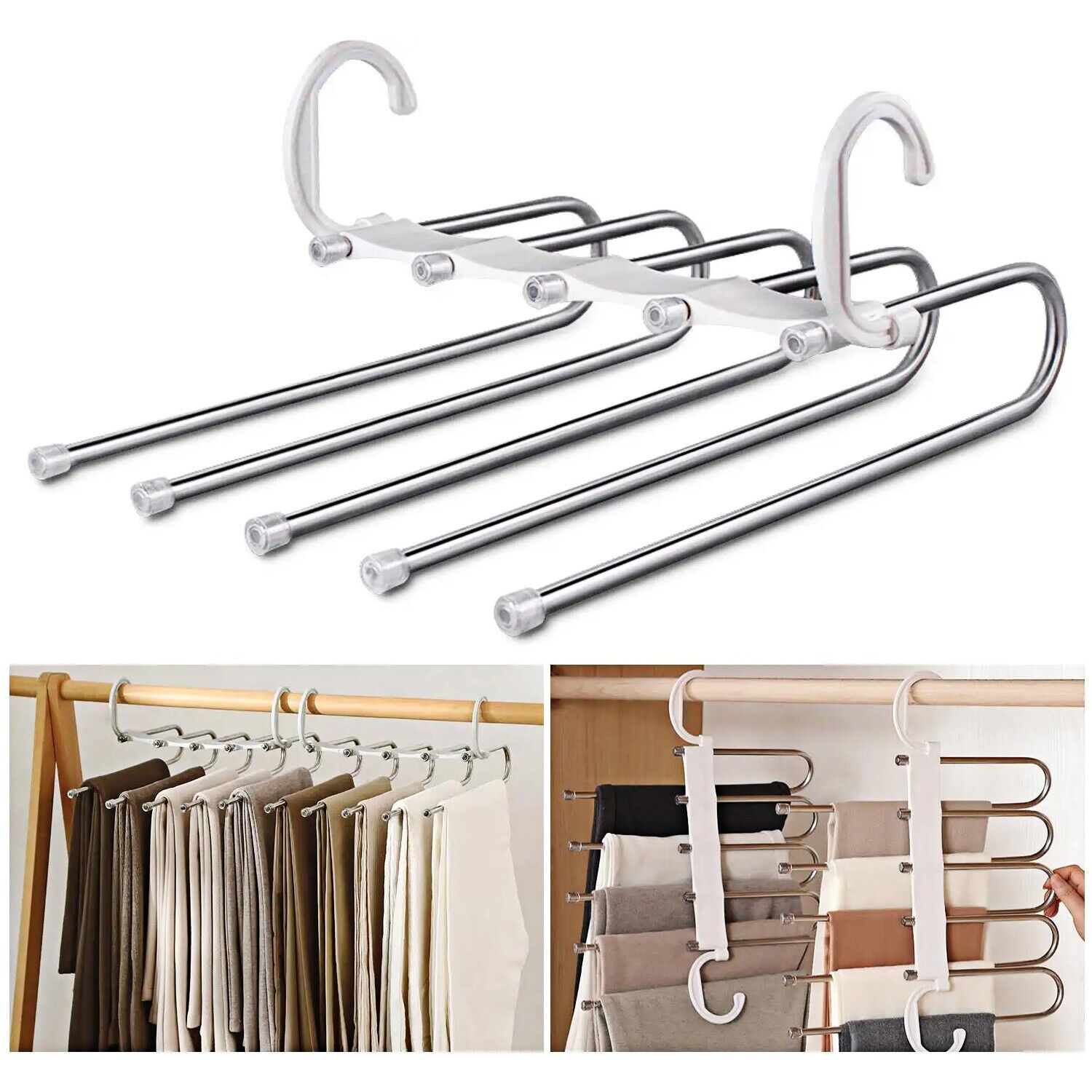 Magic Metal Hanger Closet Space Saver Organizer shipping inside the US USPS First Class Package handling 2 Day Handling 2-5 Day Shipping 5 in1 Multi-functional Pants Rack Shelves Stainless Steel Wardrobe Magic Hanger by KT Deals RANDOM COLOR WHITE/BLACK S