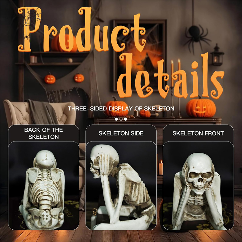 Halloween Skeleton Figurines Set Of 3, Resin See No Evil Hear No Evil Speak No Evil Skeleton Statues, Gothic Shelf Tabletop Mantel Indoor