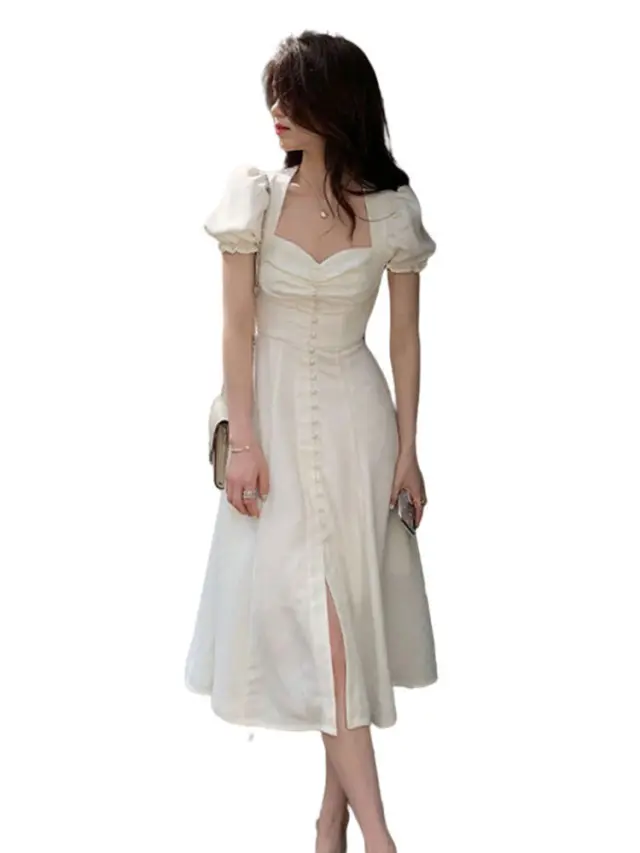 Square Neck Waist Wrapped Bubble Sleeve Dress For Women Apricot - Shop at LoveMi