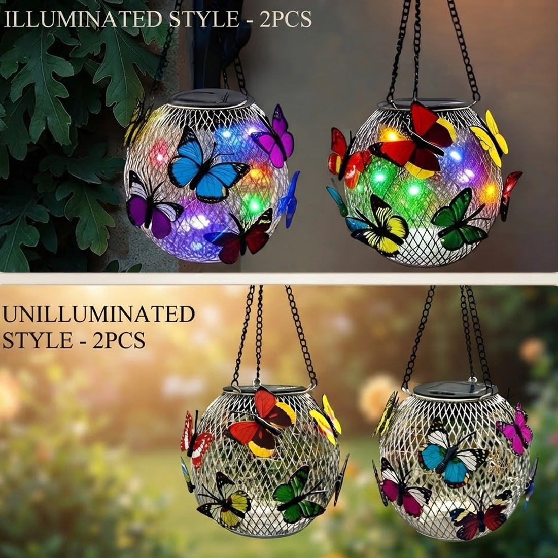2pcs Hanging Butterfly Pendant Solar Power LED Light Mesh Orb Yard Garden Decor — image 3