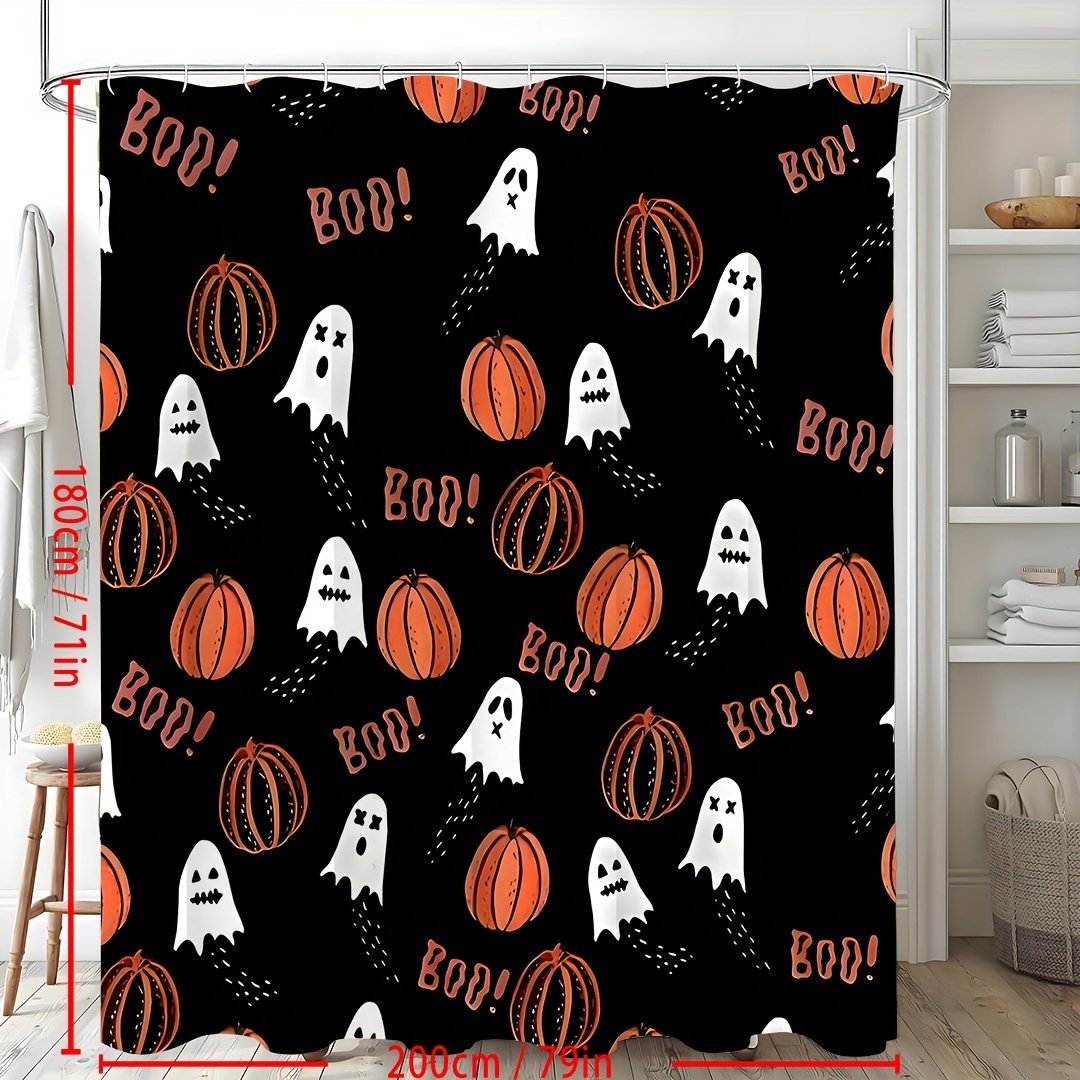 1PCS Halloween Cartoon Pumpkin Flower Print Shower Curtains Set, Waterproof Shower Curtain With Hooks, Bathroom Decor, Shower Curtain Sets For Bathrooms 3