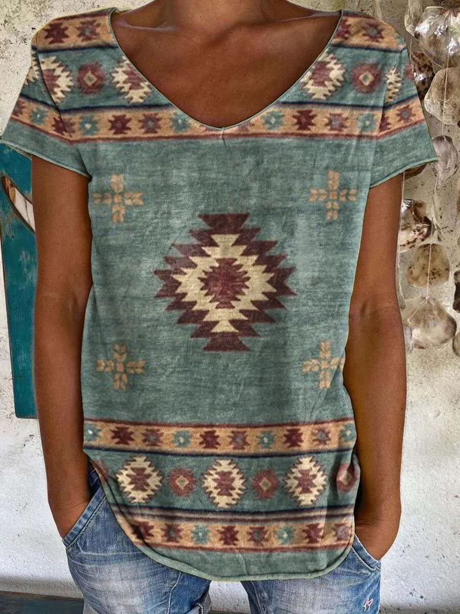 New Women's Western Print Casual Versatile Top - Blue