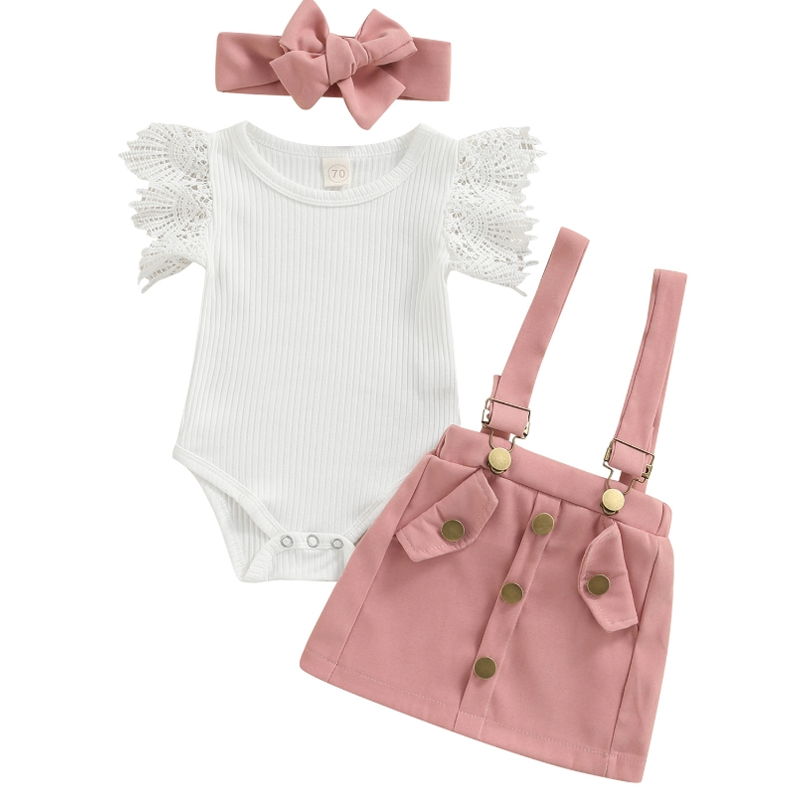 3Pcs Infant Baby Girl Outfits,Summer Clothes Sets Ruffle Ribbed Romper