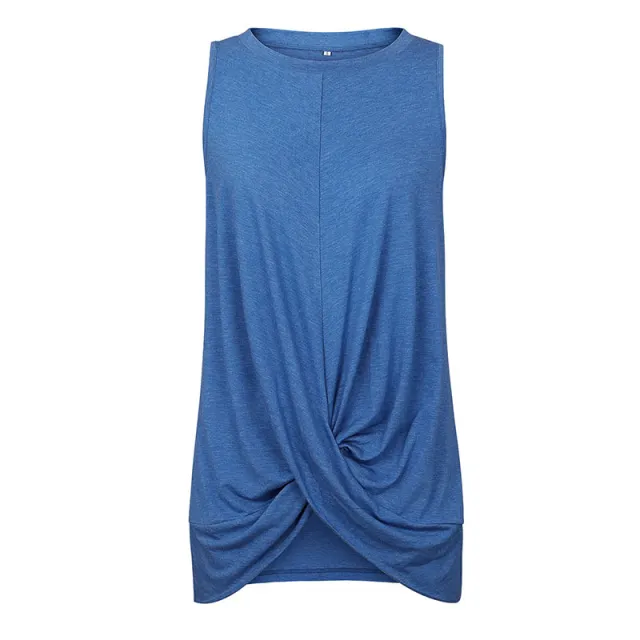 Round Neck Sleeveless Pleated Stitching T shirt Top Blue - Shop at LoveMi