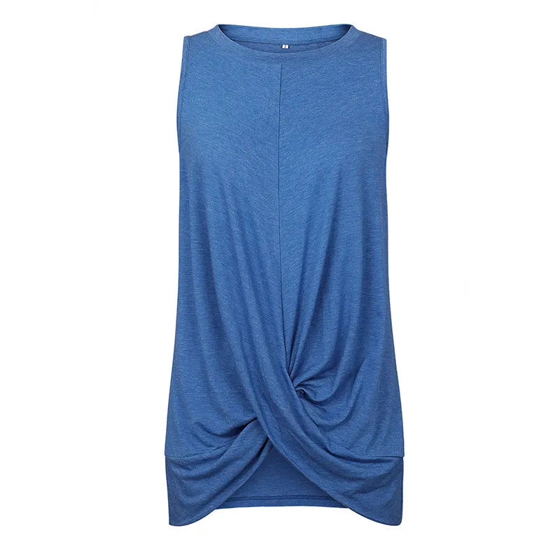 Round Neck Sleeveless Pleated Stitching T-shirt Top - Blue