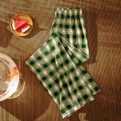 New High Waist Skinny Straight Wide Leg Pants - Green Plaid - View 1