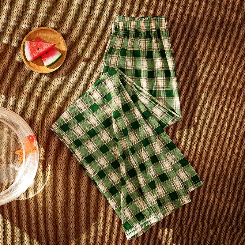 New High Waist Skinny Straight Wide Leg Pants - Green Plaid