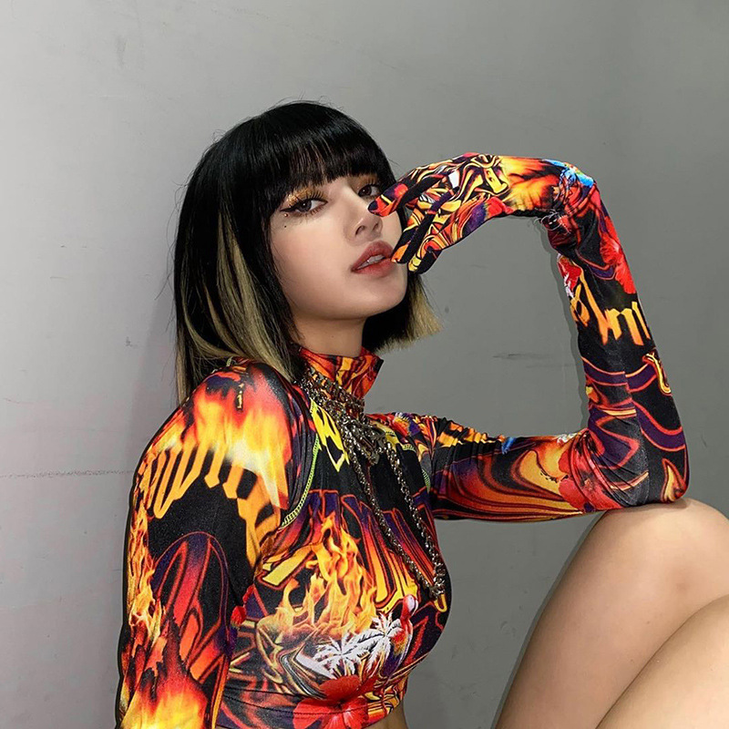 European And American Red Long-sleeved Round Neck Cropped T-shirt