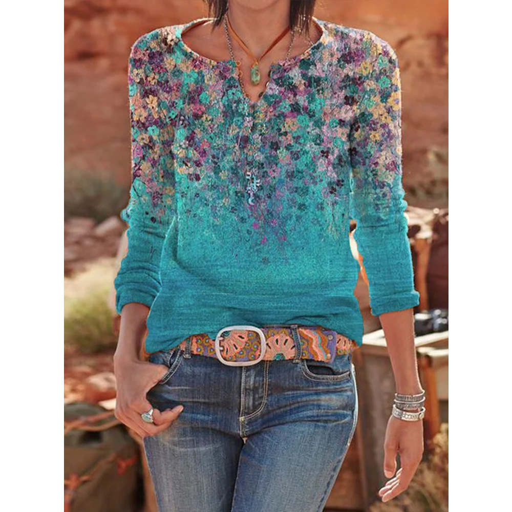 Irregular V-neck Printed Blue Women's Clothing