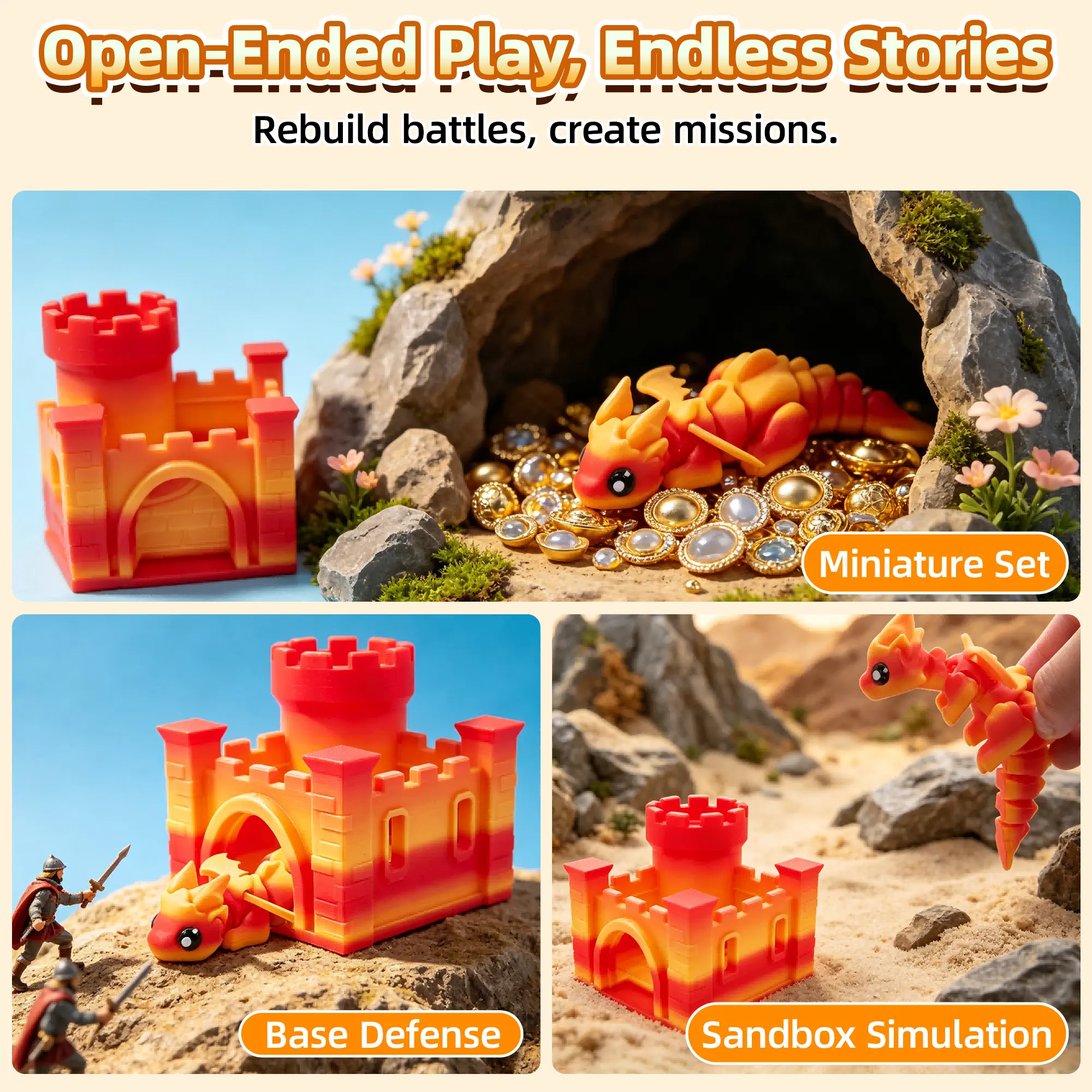 3D Printed Dragon & Castle Set, Articulated