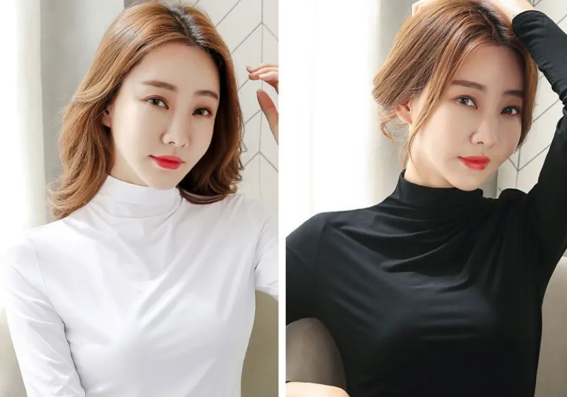 Half High Collar Long Sleeve Base Coat - Black White