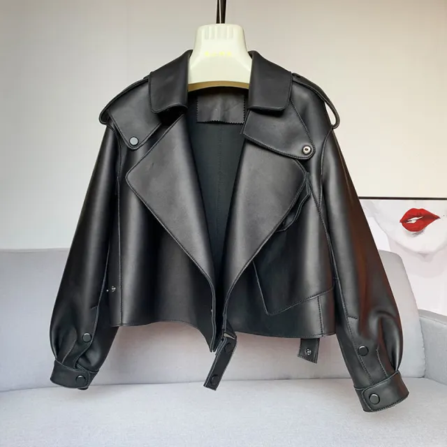 Female Sheepskin Loose Biker Jacket Black - Shop at LoveMi