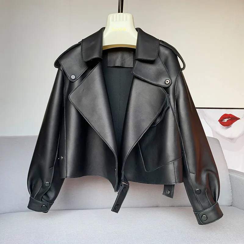 Female Sheepskin Loose Biker Jacket - Black