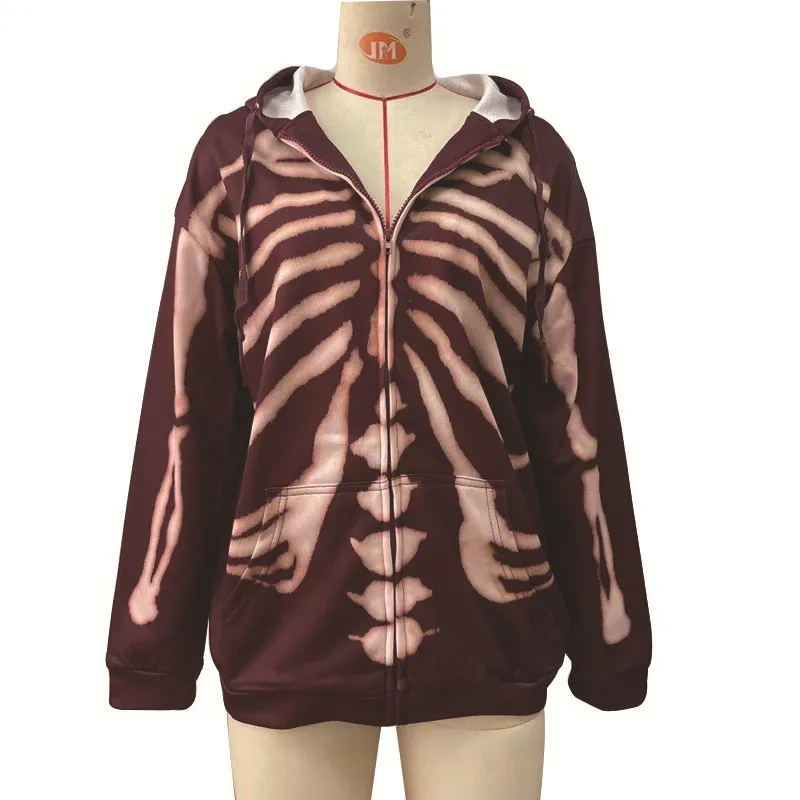 Fashion Halloween Skull Print Long Sleeve Hoodie - Wine