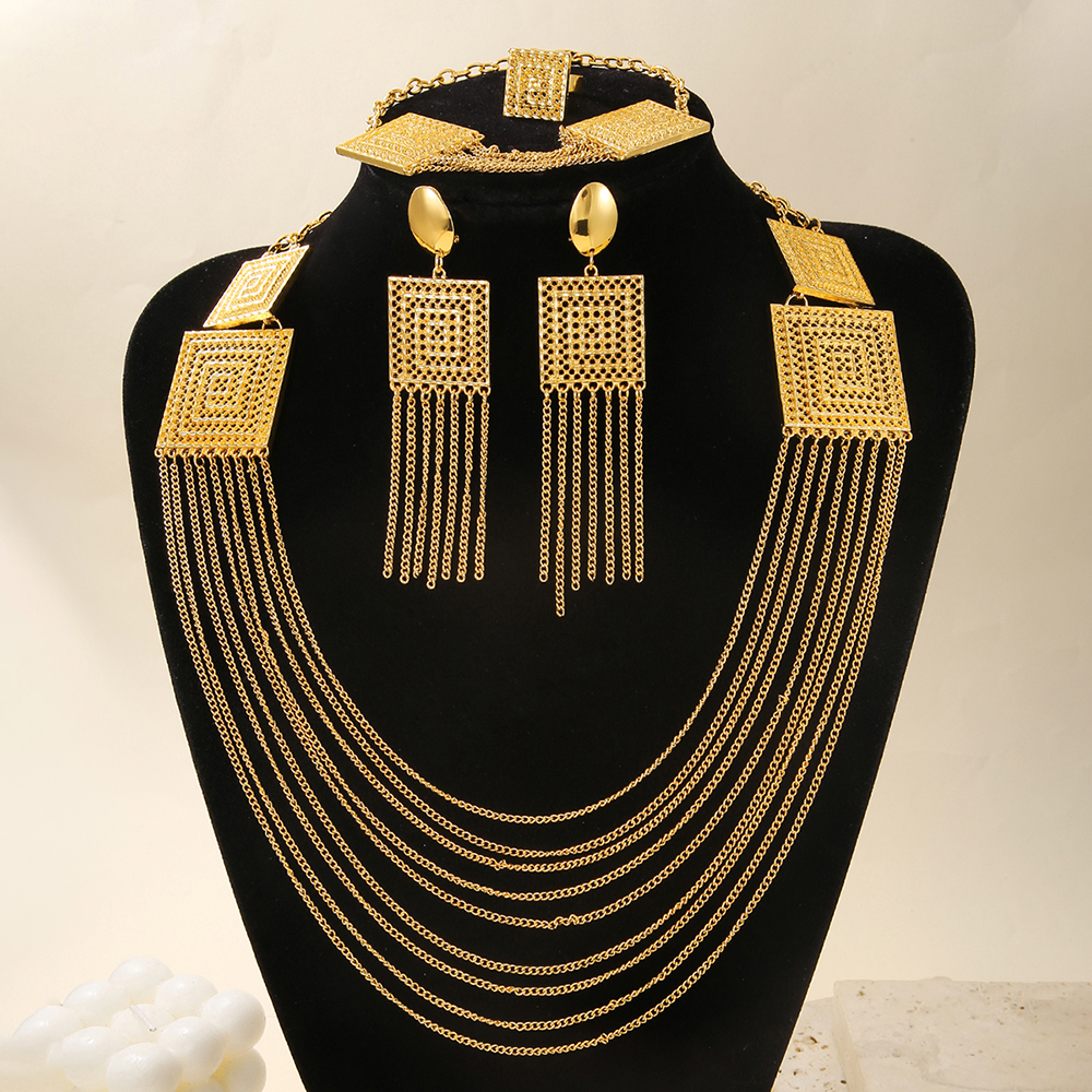 5pcs Fashion Ladies 18k Gold Plated Jewelry Set Tassel For Holiday Wear, Wedding Scene Jewelry, Multi-layered Temperament Wedding Jewelry — foto 5