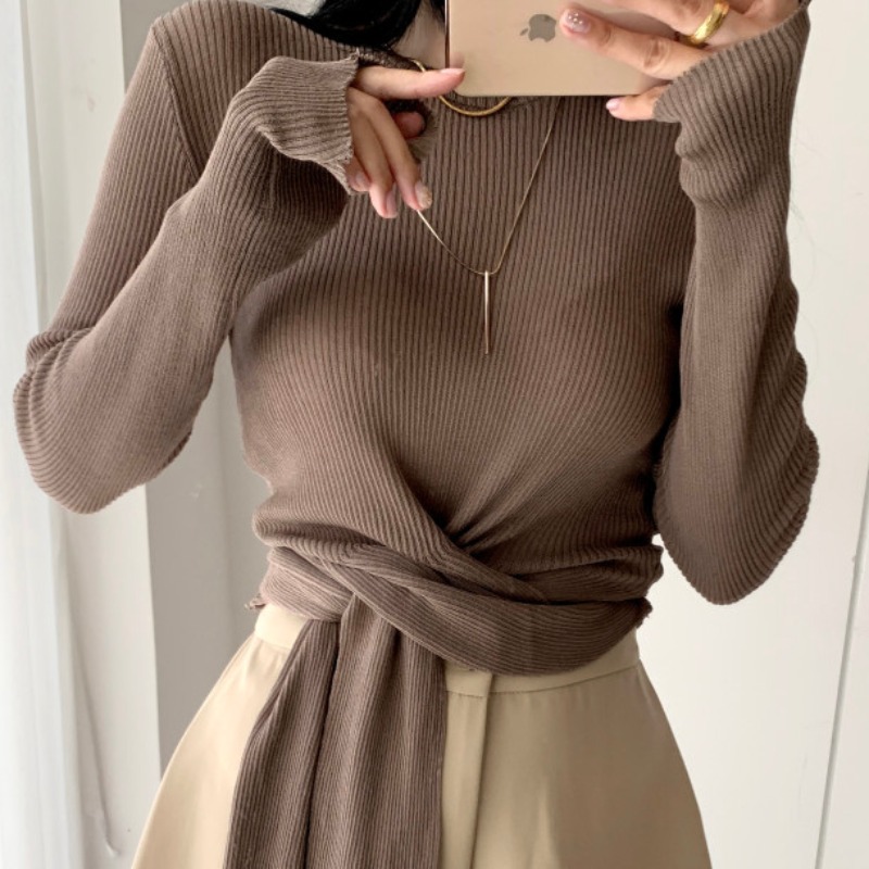 Slim-fit Tie Design Round Neck Long-sleeved High-waist Sweater Top Women