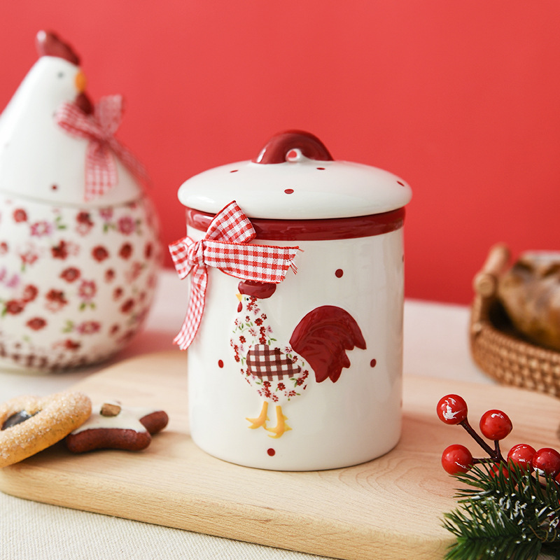 Ins Style Tableware Red Small Floral Chicken Ceramic Sealed Can - Image 10