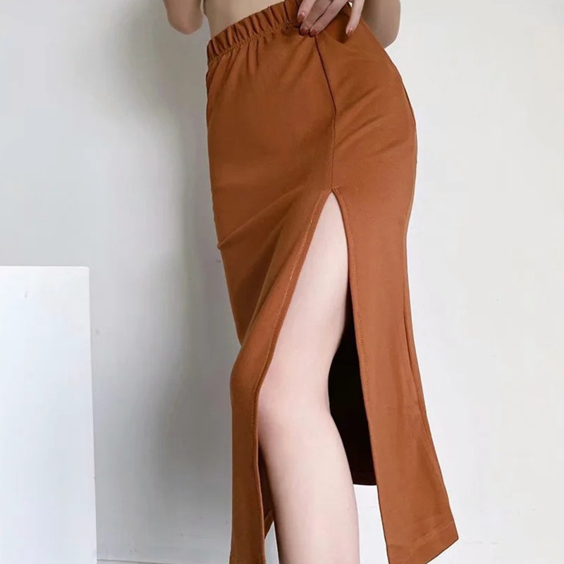 Women's Solid Color High Slit Mid-Length Bag Hip Skirt