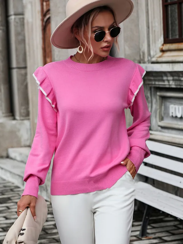 Solid Color Round Neck Pullover Fashion Sweater Red - Shop at LoveMi