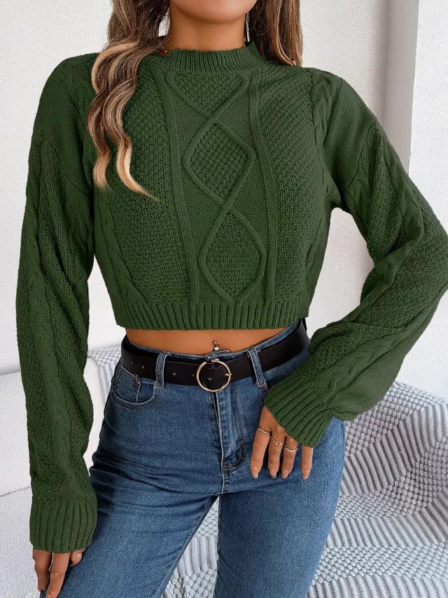 Women Casual Solid Color Cable Knit Long Sleeve Cropped Pullover Army Green - Shop at LoveMi
