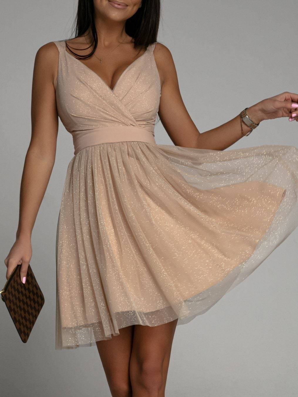 Women Elegant Glitter Sleeveless Deep V Neck Mesh Party Dress Apricot Beige - Shop at LoveMi