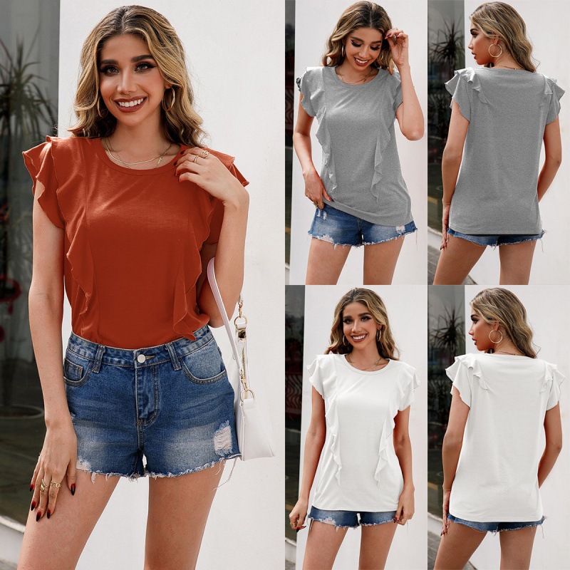 Women's Loose Casual Round Neck Ruffled Solid Color Pullover Short
