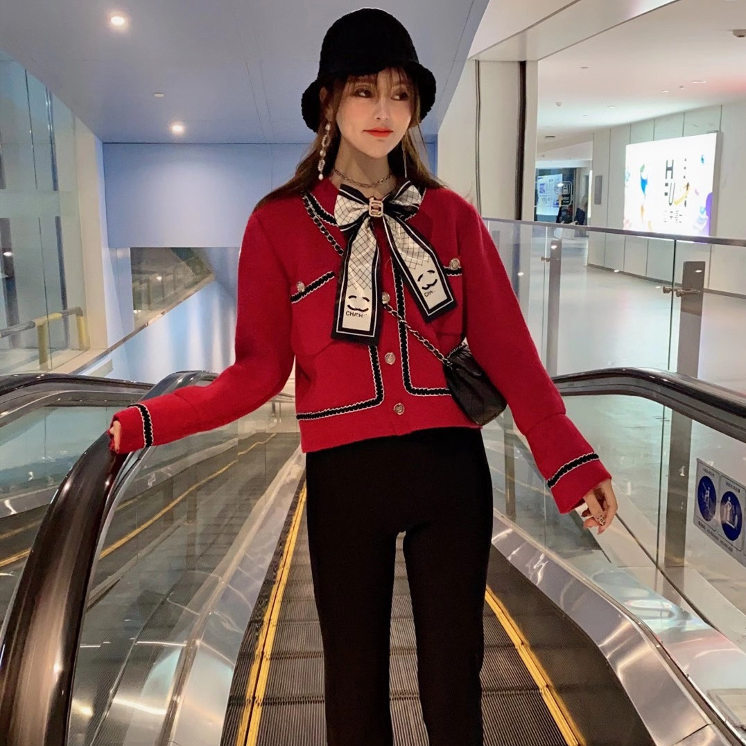 Mink Sweet Little Fragrance Jacket Women's Sweater Contrast Color Short Cardigan Sweater Ladies