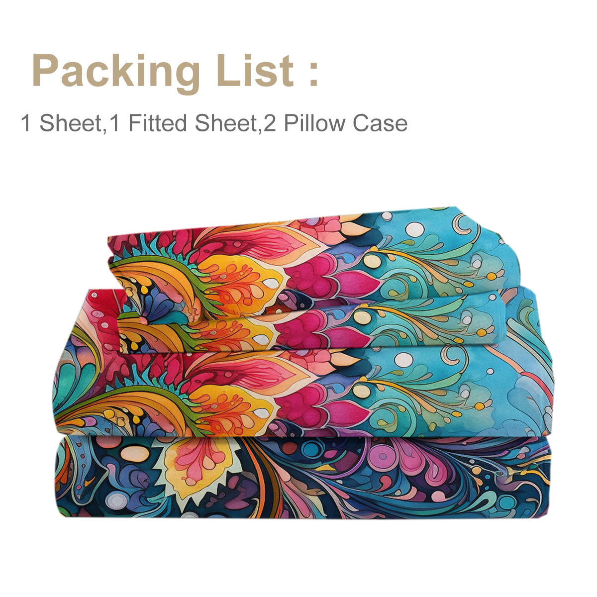 Bedding Flat Sheet Set With Deep Pocket Mattress Cover Sheets, Colorful Flowers Printed Fabric Bed Sheets