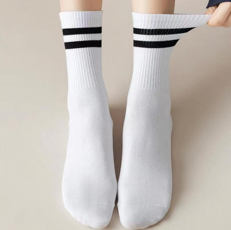 Women's Classic Black & White Striped Crew Socks, Basic Solid & Double Line Ribbed Knit Socks, Casual Sporty Mid-Calf Socks For Daily Wear