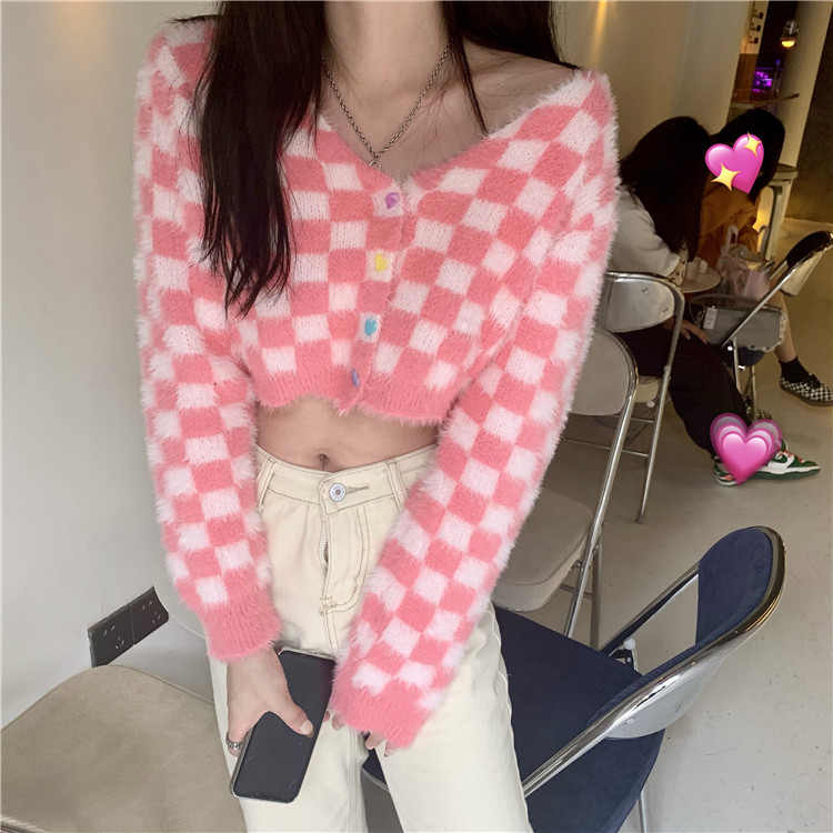 Title 4, Plaid Knitted Sweater Cardigan Women High Waist