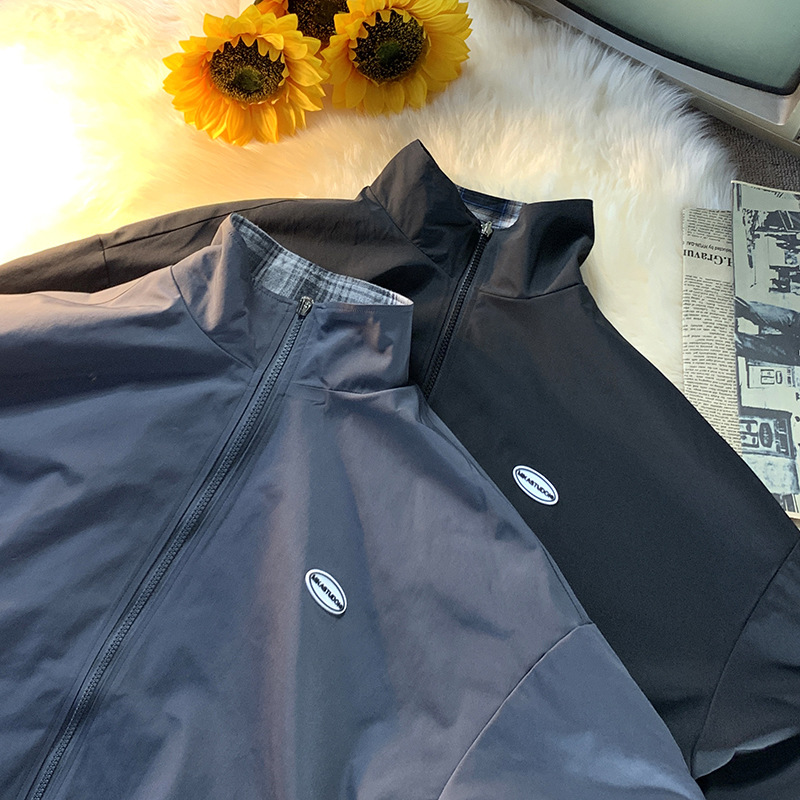 New Trend Hong Kong Style Stand-up Collar Loose Double-sided Plaid Men's Jacket