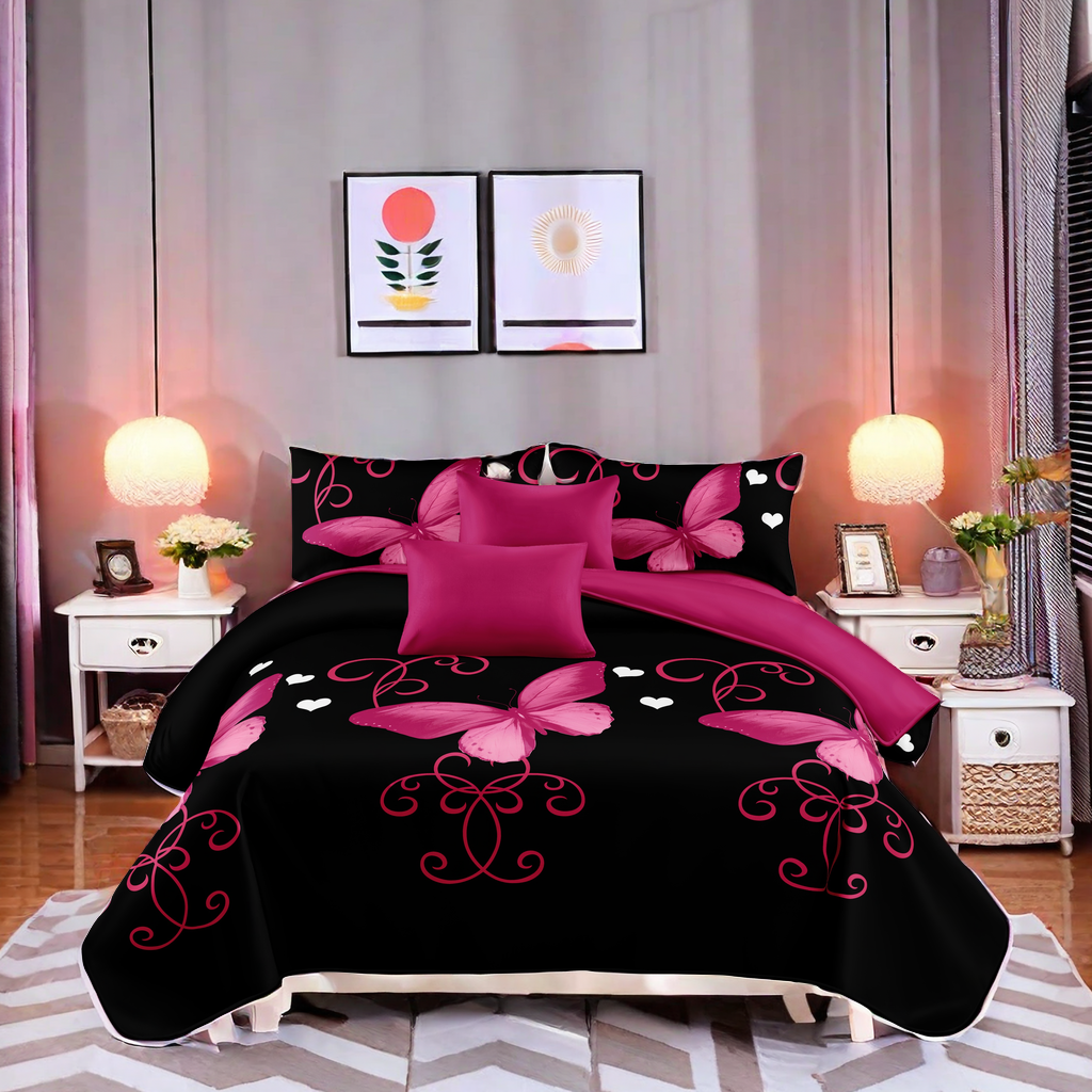 9-Piece Purple And Black Butterfly Bedspread And Curtain Set, Reversible Microfiber Bedding Set For California King