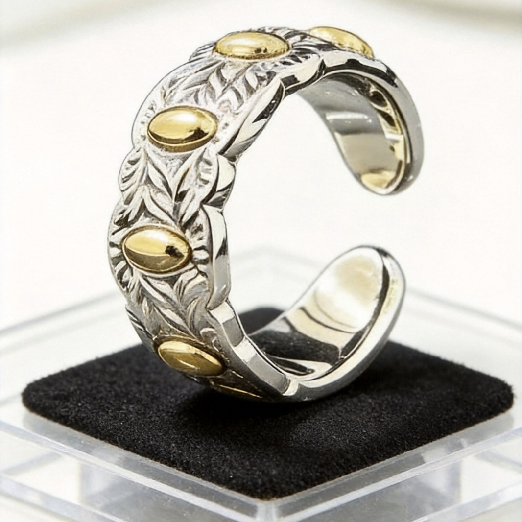 Brass Seven-Grain Rice Ring, Vintage Handcrafted Light Luxury Open Adjustable Band